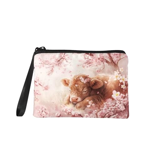 COEQINE Niedliche Weihnachtskatzen-Geldbörse für Damen, tragbare Geldbörse mit Schlüsselanhänger, tragbarer Flanellstoff, Niedlicher Kuh-Blumendruck, Milchrosa, Münztasche von COEQINE