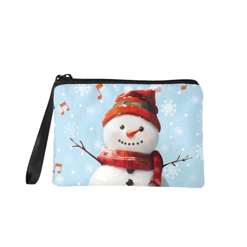 COEQINE Niedliche Weihnachtskatzen-Geldbörse für Damen, tragbare Geldbörse mit Schlüsselanhänger, tragbarer Flanellstoff, Weihnachtliche Schneemann-Musiknote, Münztasche von COEQINE