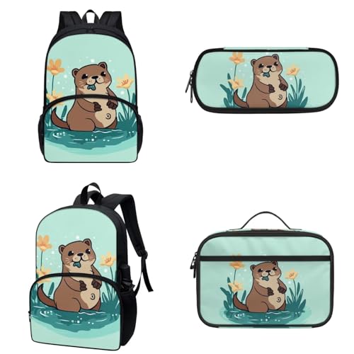 COEQINE Niedlicher Rucksack für Mädchen im Alter von 9 bis 10 Jahren, 3 Stück, Mittelschule, Büchertasche, 3D-Tier-Federmäppchen mit Stift, isolierte Lunchbox, Aqua Otter Animal Floral von COEQINE