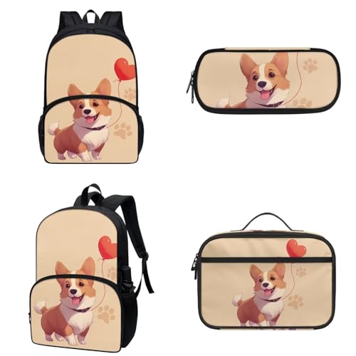 COEQINE Niedlicher Rucksack für Mädchen im Alter von 9 bis 10 Jahren, 3 Stück, Mittelschule, Büchertasche, 3D-Tier-Federmäppchen mit Stift, isolierte Lunchbox, Niedlicher Corgi-Hunde-Tierdruck von COEQINE