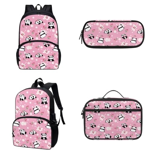 COEQINE Niedlicher Rucksack für Mädchen im Alter von 9 bis 10 Jahren, 3 Stück, Mittelschule, Büchertasche, 3D-Tier-Federmäppchen mit Stift, isolierte Lunchbox, Niedlicher rosa Panda-Tierdruck von COEQINE