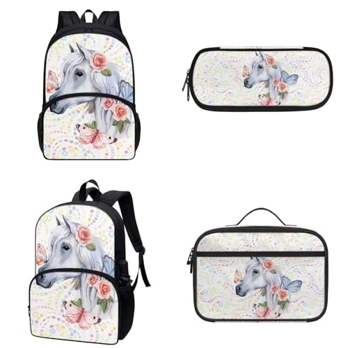 COEQINE Niedlicher Rucksack für Mädchen im Alter von 9 bis 10 Jahren, 3 Stück, Mittelschule, Büchertasche, 3D-Tier-Federmäppchen mit Stift, isolierte Lunchbox, Pferde-Blumenmuster von COEQINE