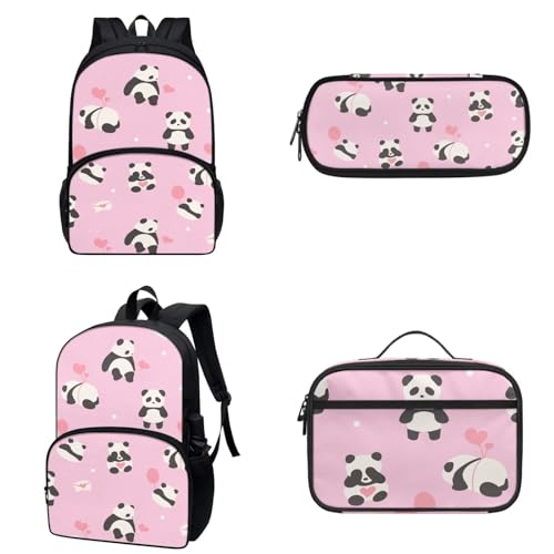 COEQINE Niedlicher Rucksack für Mädchen im Alter von 9 bis 10 Jahren, 3 Stück, Mittelschule, Büchertasche, 3D-Tier-Federmäppchen mit Stift, isolierte Lunchbox, Pinkes Panda-süßes Tier von COEQINE