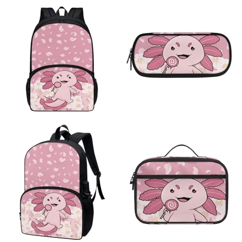 COEQINE Niedlicher Rucksack für Mädchen im Alter von 9 bis 10 Jahren, 3 Stück, Mittelschule, Büchertasche, 3D-Tier-Federmäppchen mit Stift, isolierte Lunchbox, Pinkes Tier-Axolotl-Muster von COEQINE