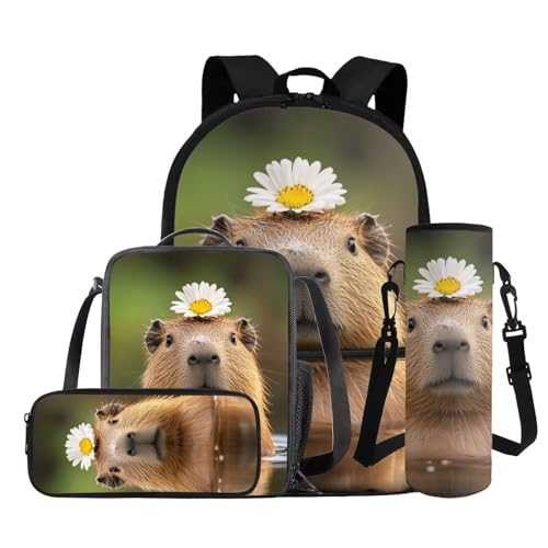 COEQINE Niedlicher Tier-Rucksack für Mädchen, 6, 8, 10, Kinder, Schul-Büchertasche mit Lunchbox, Federmäppchen, Wasserflaschenhalter, Set, 4-in-1, Capybara Daisy von COEQINE