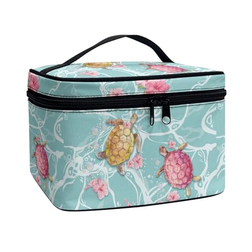 COEQINE Persinalisierte Make-up-Taschen für Frauen, Kosmetiktasche für Reisen, Kulturbeutel, Organizer für Frauen, Meeresschildkröte Aqua Blue Floral von COEQINE