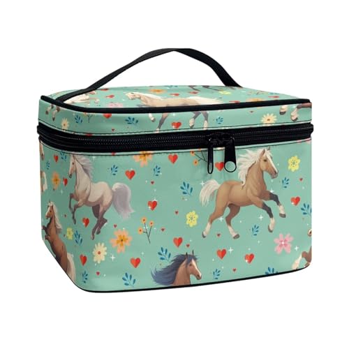 COEQINE Persinalisierte Make-up-Taschen für Frauen, Kosmetiktasche für Reisen, Kulturbeutel, Organizer für Frauen, Pferd Floral Aqua Grün Niedlich von COEQINE