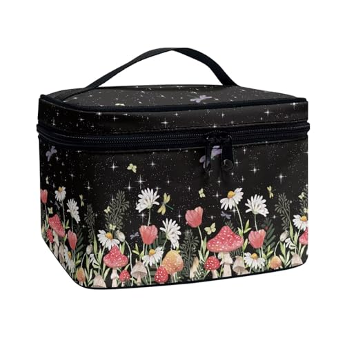 COEQINE Persinalisierte Make-up-Taschen für Frauen, Kosmetiktasche für Reisen, Kulturbeutel, Organizer für Frauen, Red Mushroom Daisy Butterfly Schwarz von COEQINE