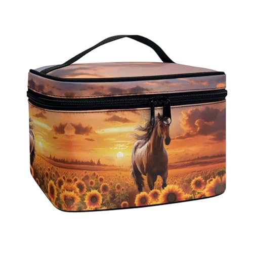 COEQINE Persinalisierte Make-up-Taschen für Frauen, Kosmetiktasche für Reisen, Kulturbeutel, Organizer für Frauen, Sonnenblume Pferd Sonnenuntergang Niedlich von COEQINE