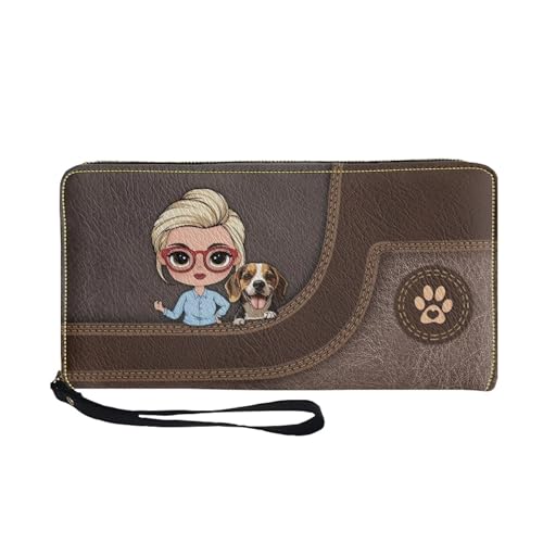 COEQINE Personalisierte Ledergeldbörse für Damen, Namensdesign, Tiergeldbörse für Damen, braunes Handyfach mit Reißverschluss, Damen Beagles Hund mit Namen, Casual von COEQINE