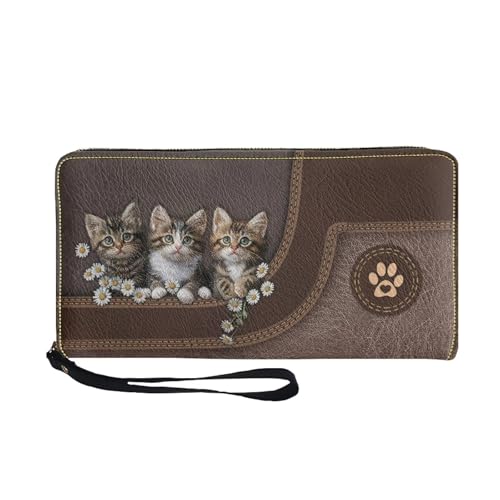 COEQINE Personalisierte Ledergeldbörse für Damen, Namensdesign, Tiergeldbörse für Damen, braunes Handyfach mit Reißverschluss, Kawaii-Katze mit Namen, Casual von COEQINE