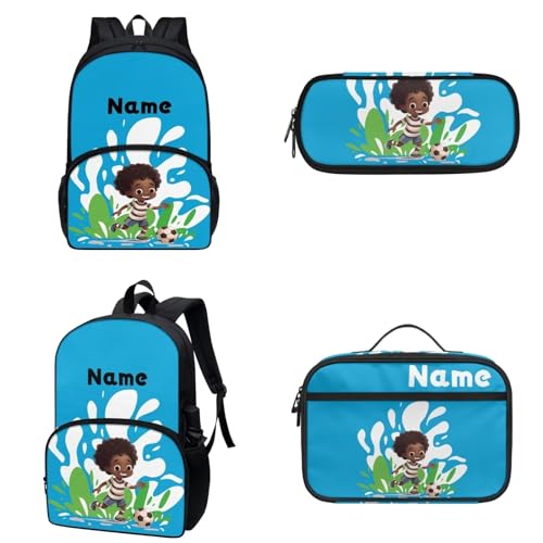 COEQINE Personalisierte Namens-Rucksack-Lunchbox für Kleinkinder, 3 Stück, Vorschul-Lunchbox, Federmäppchen, Vorschul-Umhängetasche, Soccer Boys Blue Donut Cute von COEQINE