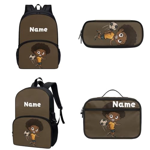 COEQINE Personalisierte Namens-Rucksack-Lunchbox für Kleinkinder, 3 Stück, Vorschul-Lunchbox, Federmäppchen, Vorschul-Umhängetasche, Soccer Boys Brown von COEQINE