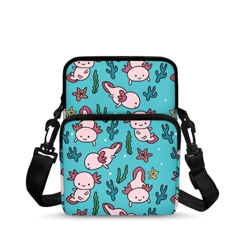 COEQINE Pinke Geldbörsen für Damen, Umhängetasche, Kuriertasche, Geldbörse, großes Fassungsvermögen, Crossbody-Rucksack für Arbeit, Wandern, Aqua Cute Axolotl Sea von COEQINE