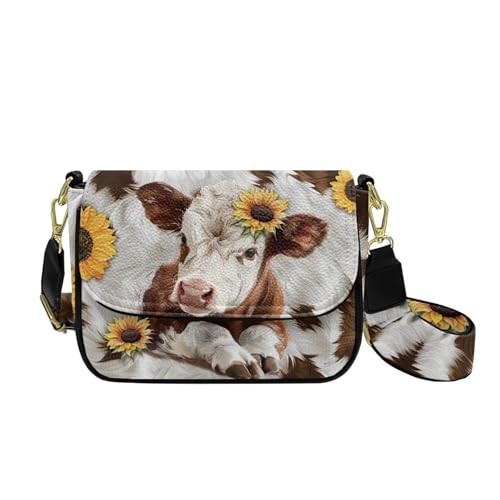 COEQINE Pinke Umhängetasche für Damen, Halloween-Geldbörse für Damen, Goth-Thema, Bauchtasche, Brusttaschen für Reisen, Kuh Sonnenblume von COEQINE