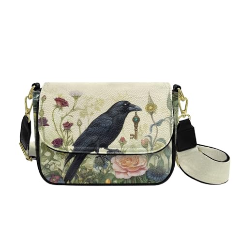 COEQINE Pinke Umhängetasche für Damen, Halloween-Geldbörse für Damen, Goth-Thema, Bauchtasche, Brusttaschen für Reisen, Rabenblume von COEQINE