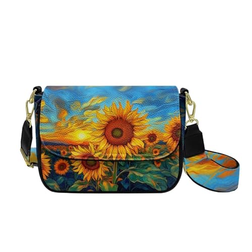 COEQINE Reise-Handytasche für Damen, Leder, Crossbody-Tasche mit Riemen, Handy-Geldbörse für den Alltag, Sonnenblumen-Landschaftskunst von COEQINE