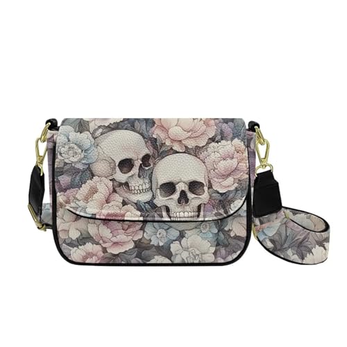 COEQINE Reise-Handytasche für Damen, Leder, Crossbody-Tasche mit Riemen, Handy-Geldbörse für den Alltag, Totenkopf Rose von COEQINE