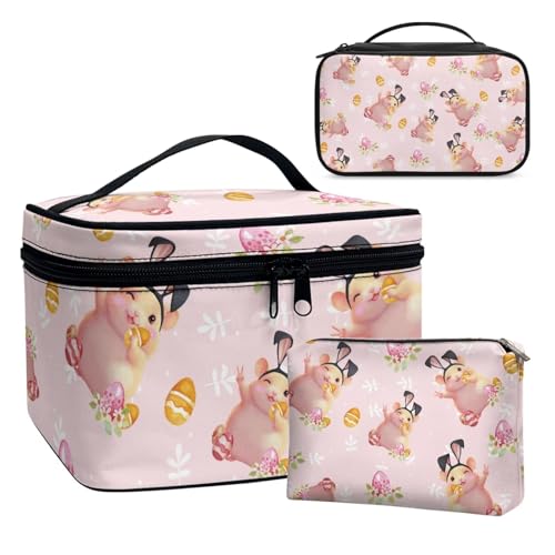 COEQINE Reise-Make-up-Tasche für Damen, Organizer, 3 Stück, Kreuzlilie, doppellagig, Kulturbeutel für Reisen mit Griff, Ledergeldbörse, Kawaii Hase Cavy Pink Floral, Kulturbeutel COEQINE Reise-Make-up-Tasche für Damen, Organizer, 3 Stück, Kreuzlilie, doppellagig, Kulturbeutel für Reisen mit Griff, Ledergeldbörse, Kawaii Hase Cavy Pink Floral, Kulturbeutel von COEQINE