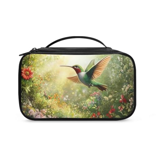 COEQINE Reise-Make-up-Tasche für Damen, ästhetischer Blumendruck, tragbare und doppelte Kosmetiktasche, große Kapazität, Kulturbeutel, Frühlings-Kolibri-Rose, Kulturbeutel von COEQINE