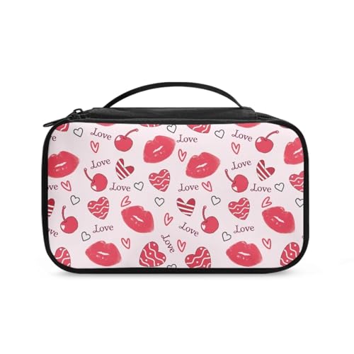 COEQINE Reise-Make-up-Tasche für Damen, ästhetischer Blumendruck, tragbare und doppelte Kosmetiktasche, große Kapazität, Kulturbeutel, Lips Kiss Lovely, Kulturbeutel von COEQINE