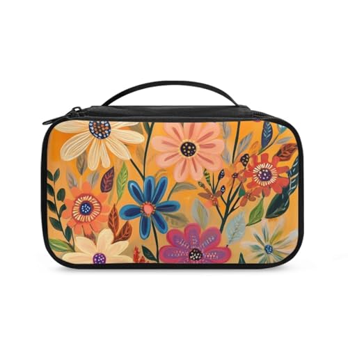COEQINE Reise-Make-up-Tasche für Damen, ästhetischer Blumendruck, tragbare und doppelte Kosmetiktasche, große Kapazität, Kulturbeutel, Orangefarbene Boho-Blume, Kulturbeutel von COEQINE