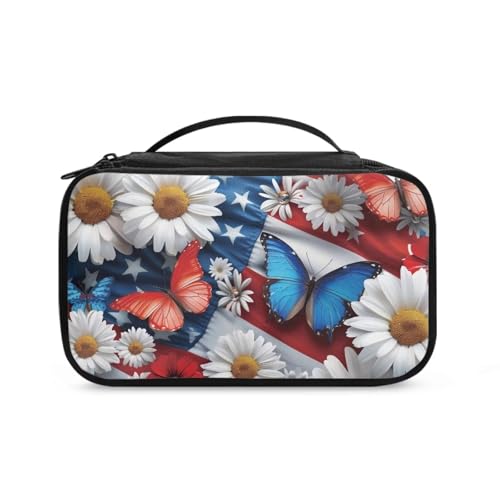 COEQINE Reise-Make-up-Tasche für Damen, ästhetischer Blumendruck, tragbare und doppelte Kosmetiktasche, große Kapazität, Kulturbeutel, Schmetterling mit amerikanischer Flagge, Kulturbeutel von COEQINE