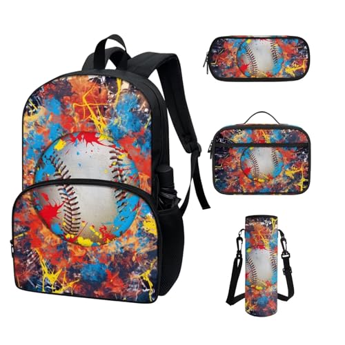 COEQINE Rucksack für Kleinkinder, Mädchen, Jungen, cooles Cartoon-Autos, Schulrucksack-Set für Kinder, Lunchbox, Federmäppchen, tragbare Flasche, Baseball-Doonut von COEQINE