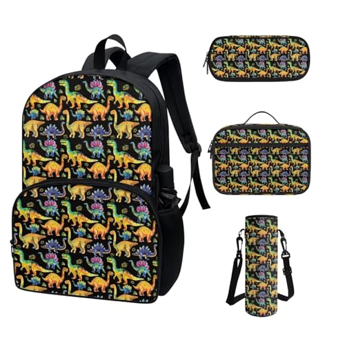 COEQINE Rucksack für Kleinkinder, Mädchen, Jungen, cooles Cartoon-Autos, Schulrucksack-Set für Kinder, Lunchbox, Federmäppchen, tragbare Flasche, Dinosaurier-Knochen von COEQINE