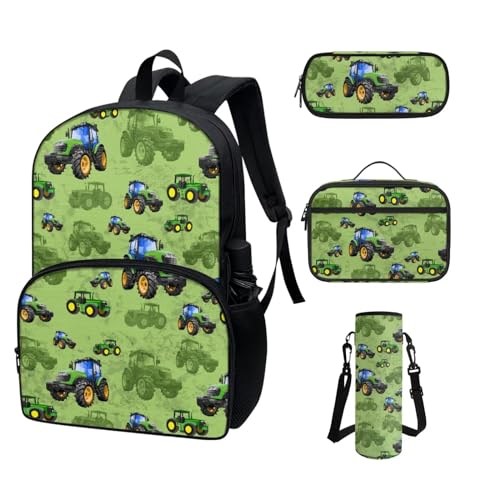 COEQINE Rucksack für Kleinkinder, Mädchen, Jungen, cooles Cartoon-Autos, Schulrucksack-Set für Kinder, Lunchbox, Federmäppchen, tragbare Flasche, Grüne Achsen von COEQINE