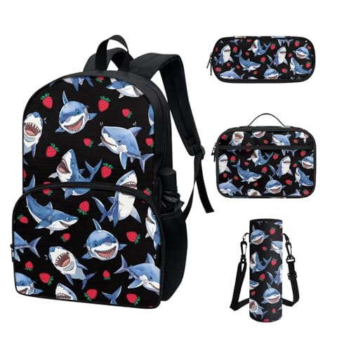 COEQINE Rucksack für Kleinkinder, Mädchen, Jungen, cooles Cartoon-Autos, Schulrucksack-Set für Kinder, Lunchbox, Federmäppchen, tragbare Flasche, Hai-Erdbeere von COEQINE