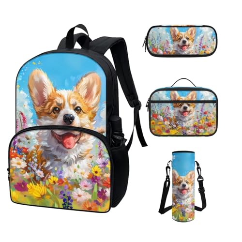 COEQINE Rucksack für Kleinkinder, Mädchen, Jungen, cooles Cartoon-Autos, Schulrucksack-Set für Kinder, Lunchbox, Federmäppchen, tragbare Flasche, Niedliches Corgi-Blumenmuster von COEQINE