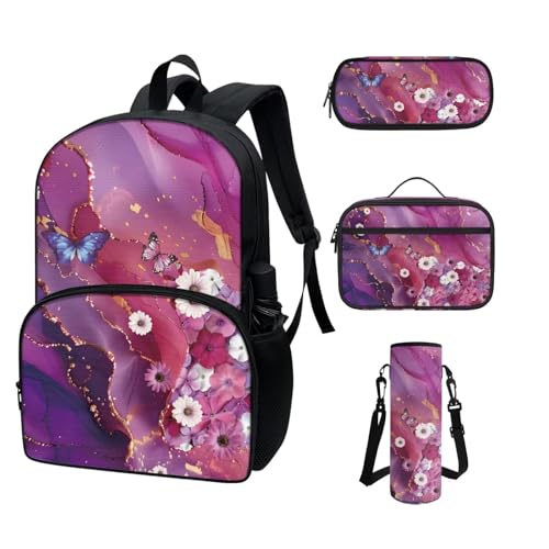 COEQINE Rucksack für Kleinkinder, Mädchen, Jungen, cooles Cartoon-Autos, Schulrucksack-Set für Kinder, Lunchbox, Federmäppchen, tragbare Flasche, Rosa Gold Marmor Blumen Schmetterling von COEQINE