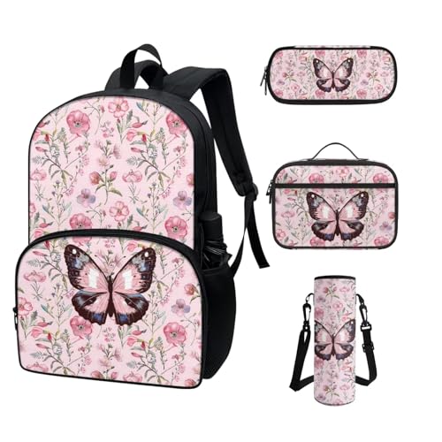 COEQINE Rucksack für Kleinkinder, Mädchen, Jungen, cooles Cartoon-Autos, Schulrucksack-Set für Kinder, Lunchbox, Federmäppchen, tragbare Flasche, Rosa Schmetterlings-Blumen von COEQINE