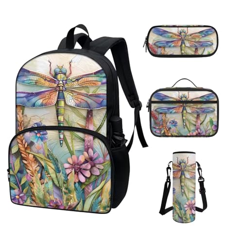 COEQINE Rucksack für Kleinkinder, Mädchen, Jungen, cooles Cartoon-Autos, Schulrucksack-Set für Kinder, Lunchbox, Federmäppchen, tragbare Flasche, libelle von COEQINE