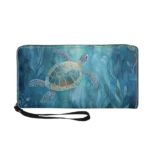 COEQINE Schlanke Geldbörse mit Reißverschluss für Damen, Reise-Ledergeldbörse für Damen, wasserdichte PU-Hülle mit Kartenhalter, Clutch-Armband, Ästhetische Meeresschildkröte, Casual von COEQINE