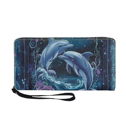 COEQINE Schlanke Geldbörse mit Reißverschluss für Damen, Reise-Ledergeldbörse für Damen, wasserdichte PU-Hülle mit Kartenhalter, Clutch-Armband, Delfin, Casual von COEQINE