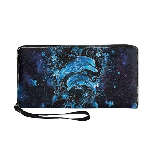 COEQINE Schlanke Geldbörse mit Reißverschluss für Damen, Reise-Ledergeldbörse für Damen, wasserdichte PU-Hülle mit Kartenhalter, Clutch-Armband, Delphin Schwarz Blau, Casual von COEQINE