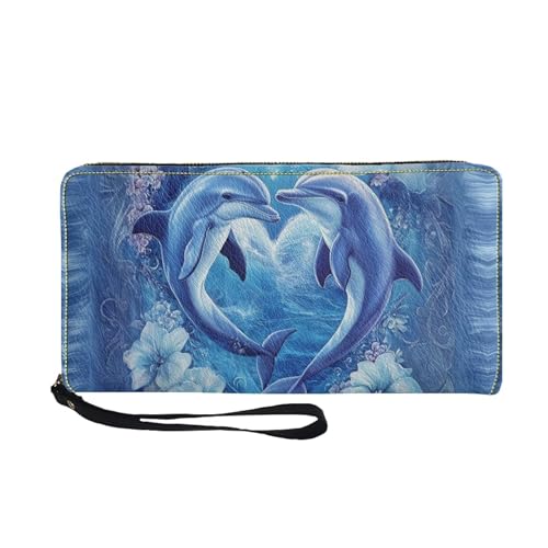 COEQINE Schlanke Geldbörse mit Reißverschluss für Damen, Reise-Ledergeldbörse für Damen, wasserdichte PU-Hülle mit Kartenhalter, Clutch-Armband, Paar Delfin, Casual von COEQINE