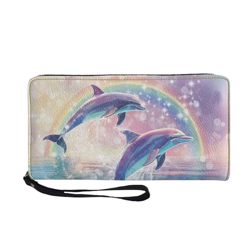 COEQINE Schlanke Geldbörse mit Reißverschluss für Damen, Reise-Ledergeldbörse für Damen, wasserdichte PU-Hülle mit Kartenhalter, Clutch-Armband, Regenbogen-Delfin, Casual COEQINE Schlanke Geldbörse mit Reißverschluss für Damen, Reise-Ledergeldbörse für Damen, wasserdichte PU-Hülle mit Kartenhalter, Clutch-Armband, Regenbogen-Delfin, Casual von COEQINE