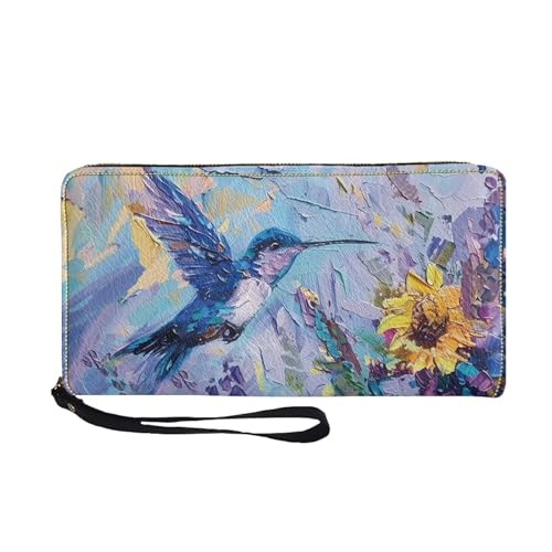 COEQINE Schlanke Geldbörse mit Reißverschluss für Damen, Reise-Ledergeldbörse für Damen, wasserdichte PU-Hülle mit Kartenhalter, Clutch-Armband, Sonnenblumenkolibri, Casual von COEQINE