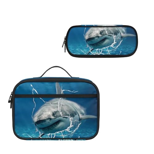 COEQINE Schul-Lunch-Rucksack für Teenager, Mädchen, 6–12 Jahre, große Büchertasche mit Lunchbox, Isolierung, großes Federmäppchen für College, 2 Stück, Sharks Cool Animal von COEQINE