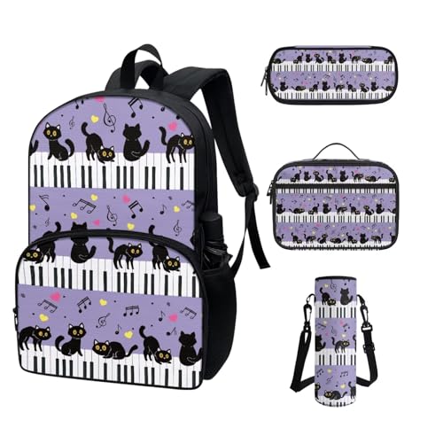 COEQINE Schulrucksack-Set für Teenager, 4-teilig, Schultertasche, Mittelschule, wasserdicht, Lunchbox, Federmäppchen, Wasserflaschenriemen, Lila süße schwarze Katzen Palyklavier von COEQINE