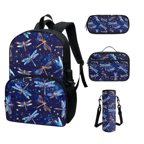 COEQINE Schulrucksack-Set für Teenager, 4-teilig, Schultertasche, Mittelschule, wasserdicht, Lunchbox, Federmäppchen, Wasserflaschenriemen, blau, libelle von COEQINE