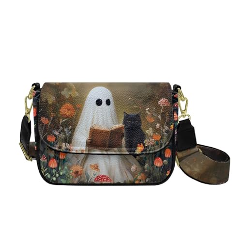 COEQINE Schwarze Leder-Geldbörse für Damen, Dobermann, Corgi, Crossbody-Tasche mit Riemen für den täglichen Gebrauch, Reisen, Reading Ghost Cat COEQINE Schwarze Leder-Geldbörse für Damen, Dobermann, Corgi, Crossbody-Tasche mit Riemen für den täglichen Gebrauch, Reisen, Reading Ghost Cat von COEQINE