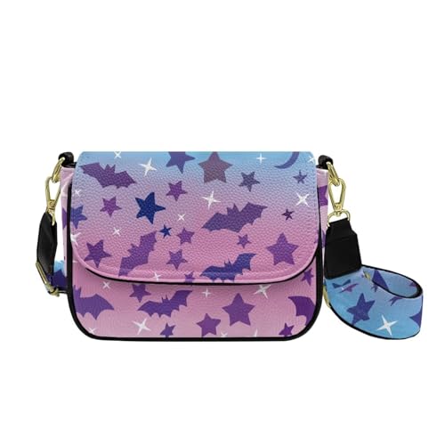 COEQINE Schwarze Leder-Geldbörse für Damen, Dobermann, Corgi, Crossbody-Tasche mit Riemen für den täglichen Gebrauch, Reisen, Stars Fledermäuse, Violett von COEQINE