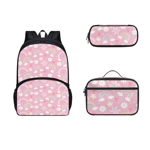 COEQINE Sunflower Cute Dogs Rucksack und Lunchtasche Set für Mädchen 6-8 Jahre Vorschule Kleinkind Mädchen Lunchbox und Federmäppchen Große Kapazität für Grundschule Rucksack 3 Pack, Rosa von COEQINE