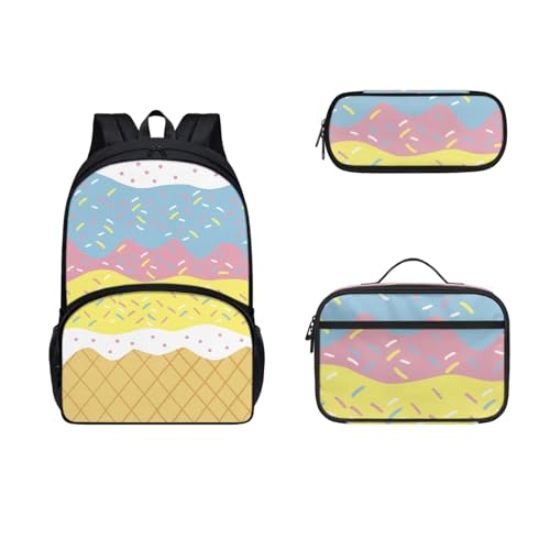 COEQINE Sunflower Cute Dogs Rucksack und Lunchtasche Set für Mädchen 6-8 Jahre Vorschule Kleinkind Mädchen Lunchbox und Federmäppchen Große Kapazität für Grundschule Rucksack 3 Pack, ice cream von COEQINE