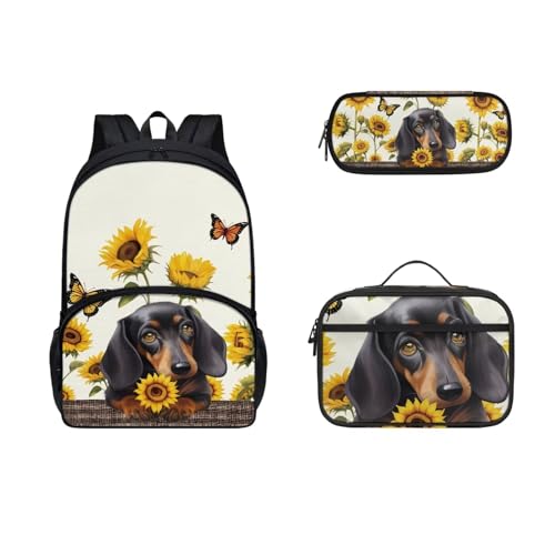 COEQINE Sunflower Cute Dogs Rucksack und Lunchtasche Set für Mädchen 6-8 Jahre Vorschule Kleinkind Mädchen Lunchbox und Federmäppchen Große Kapazität für Grundschule Rucksack 3 Pack, von COEQINE