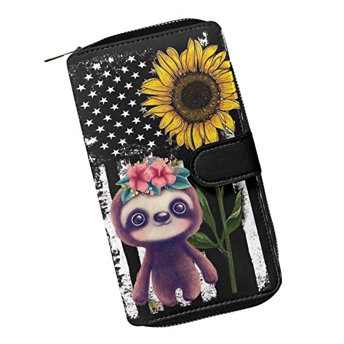 COEQINE Tier-Geldbörse, süßes Huhn, lange Leder-Geldtasche, Handtasche mit Reißverschluss für Münztelefon, Reise-Handtasche für Party, Falg Faultier Sonnenblume von COEQINE